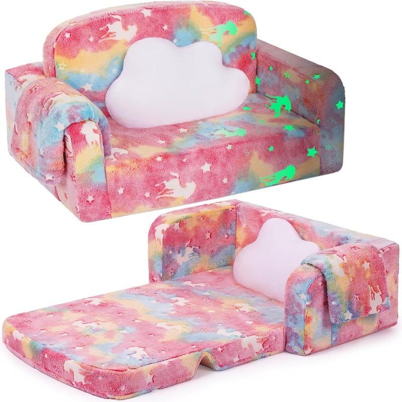 Foryoomi Extra Wide Kids Couch, Kids Sofa, Toddler Sofa, Glow in The Dark, 2-in-1 Soft Toddler Couch with Blanket and Pillow, Pink - Image 1